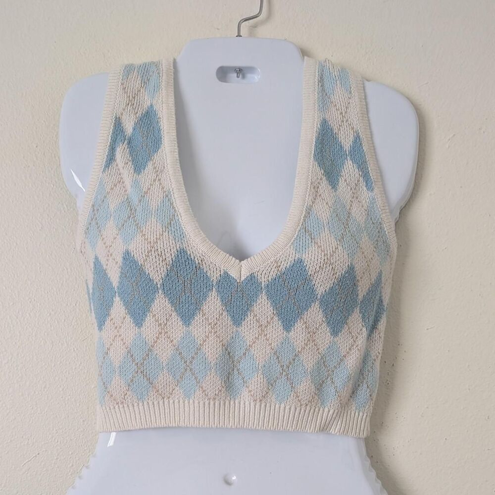 Bailey Rose Argyle Knit Halter Top Sz Small Cream Pastel Blue Tennis Preppy